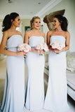 Simple Strapless Grey Satin Cheap Long Bridesmaid Dresses HZ0527