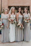 A-Line Spaghetti Straps Floor-Length Grey Chiffon Bridesmaid Dress with Sequins HZ0527
