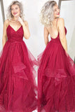 Red Spaghetti Straps A Line Sequins Prom Dresses, Backless Evening Dress HZ0527