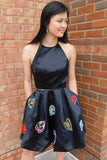 Two Piece Halter Backless Black Homecoming Dress with Pockets HZ0527