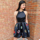 Two Piece Halter Backless Black Homecoming Dress with Pockets HZ0527