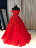 Promfast Ball Gown Sweetheart Cap Sleeve Lace Appliques Prom Dress HZ0527