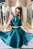 Simple Two Piece Short Dark Teal Satin A Line Homecoming Dress with Bow HZ0527