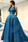 Unique Applique Formal A Line Blue Long Cheap Prom Dresses HZ0527
