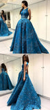 Unique Applique Formal A Line Blue Long Cheap Prom Dresses HZ0527