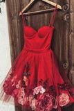 Burgundy Tulle Short Prom Dress, Spaghetti Straps Homecoming Dress With Flowers HZ0527
