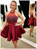 Burgundy Halter Sleeveless Backless A Line Homecoming Dresses HZ0527