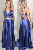 Two Piece Lace Up Blue Long Prom Dress with Slit HZ0527