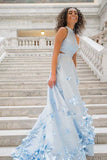 Two Piece Flowers Appliques Light Sky Blue Prom Dress HZ0527