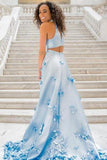 Two Piece Flowers Appliques Light Sky Blue Prom Dress HZ0527