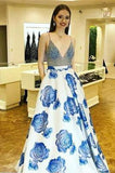 Classy Spaghetti Straps Beading Floral Print Prom Dress HZ0527