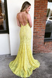 Spaghetti Straps Mermaid Yellow Lace Long Prom Dress with Slit HZ0527