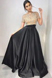 Two Piece Crew Short Sleeves Floor-Length Black Prom Dress with Beading HZ0527