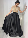 Two Piece Crew Short Sleeves Floor-Length Black Prom Dress with Beading HZ0527