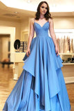 Simple A-Line Spaghetti Straps Blue Satin Tiered Prom Dress HZ0527