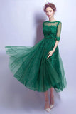 Dark Green Cheap Applique Lace Short Homecoming Dresses With Half Sleeves,Graduation Gowns HZ0527