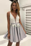 V Neck Short A Line Prom Dress,Sleeveless Lace Appliques Cheap Homecoming Dress HZ0527