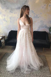 A-Line V-Neck Sweep Train Pearl Pink Wedding Dress with Appliques HZ0527