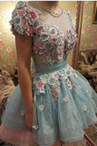 A Line Short Sleeves Homecoming Dresses, Princess Short Prom Dress With Flowers HZ0527