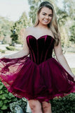Burgundy Short Tulle Sweetheart A Line Mini Cocktail Party Dress,Cheap Homecoming Dresses HZ0527