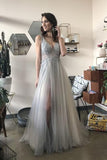 A-Line V Neck Long Grey Tulle Split Prom Party Dress with Sequins HZ0527