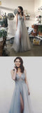A-Line V Neck Long Grey Tulle Split Prom Party Dress with Sequins HZ0527