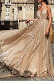 Promfast Sparkle Backless Plunging Neckline Sequin Long Prom Evening Dress HZ0527
