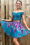 Two Piece Turquoise Off Shoulder Beading Floral Homecoming Dresses HZ0527