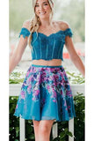 Two Piece Turquoise Off Shoulder Beading Floral Homecoming Dresses HZ0527