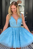 Blue Appliques Beaded Sleeveless A Line Tulle Short Homecoming Dresses HZ0527