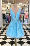 Blue Appliques Beaded Sleeveless A Line Tulle Short Homecoming Dresses HZ0527