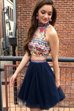 Navy Blue Two Piece Embroidery High Neck Open Back Tulle Homecoming Dresses HZ0527