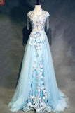 Light Blue Cap Sleeves Prom Dress with Beading, Formal Evening Dress HZ0527