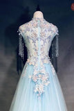 Light Blue Cap Sleeves Prom Dress with Beading, Formal Evening Dress HZ0527