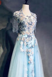 Light Blue Cap Sleeves Prom Dress with Beading, Formal Evening Dress HZ0527