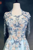 Light Blue Cap Sleeves Prom Dress with Beading, Formal Evening Dress HZ0527