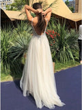 A-Line V-Neck Backless Floor-Length Ivory Tulle Prom Dress with Beading HZ0527