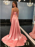 A-Line Spaghetti Straps Sweep Train Pink Prom Dress with Split HZ0527