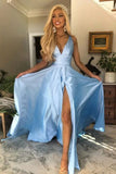 Charming A-Line V-Neck Open Back Light Blue Prom Dress with Split HZ0527