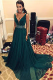 Simple V-Neck Sweep Train Dark Green Chiffon Prom Dress with Beading HZ0527