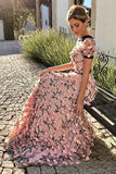 Floral Long Short Sleeves Cheap Prom Dresses with Appliques HZ0527