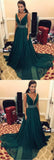 Simple V-Neck Sweep Train Dark Green Chiffon Prom Dress with Beading HZ0527