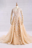 Pretty A-Line V-Neck Long Sleeves Tulle Appliques Floor Length Prom Dresses HZ0527