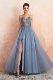 Promfast Straps A-Line Beading Rose Split Tulle Prom Dress with Crystal HZ0527