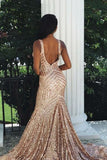 Sequin Backless Mermaid V-neck Rose Gold Prom Party Dress HZ0527