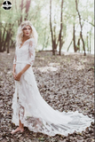 Promfast White Tulle Lace Long Sleeves Beach Wedding Dresses, Bridal Gown HZ0527