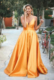 Orange Spaghetti-Straps Elegant V-Neck Backless Sleeveless Prom Dresses HZ0527