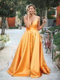 Orange Spaghetti-Straps Elegant V-Neck Backless Sleeveless Prom Dresses HZ0527