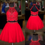 Halter Two Pieces Beaded Royal Blue A-line Tulle Mini Short Homecoming Dresses HZ0527