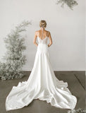 Elegant A-Line V Neck Spaghetti Straps Wedding Dresses with Lace HZ0527